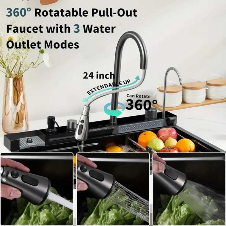 Luxury Digital Temperature Waterfall Workstation Kitchen Sink