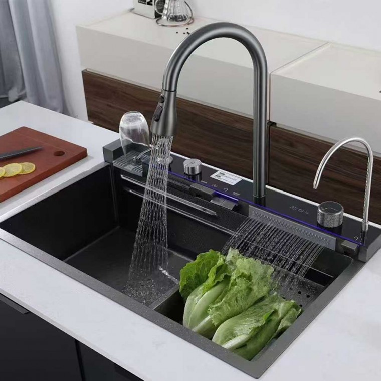 Luxury Digital Temperature Waterfall Workstation Kitchen Sink