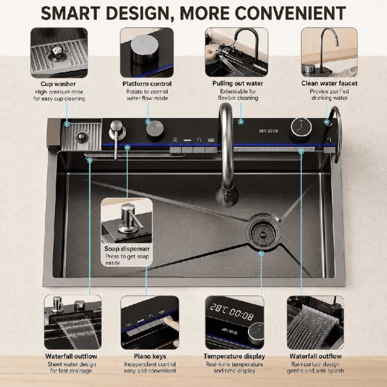 Luxury Digital Temperature Waterfall Workstation Kitchen Sink