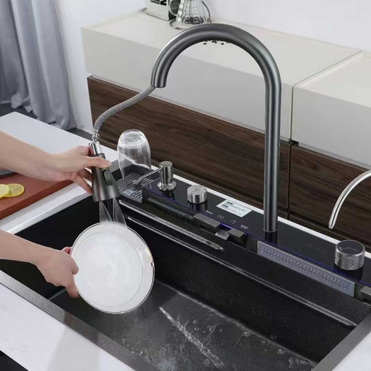 Luxury Digital Temperature Waterfall Workstation Kitchen Sink