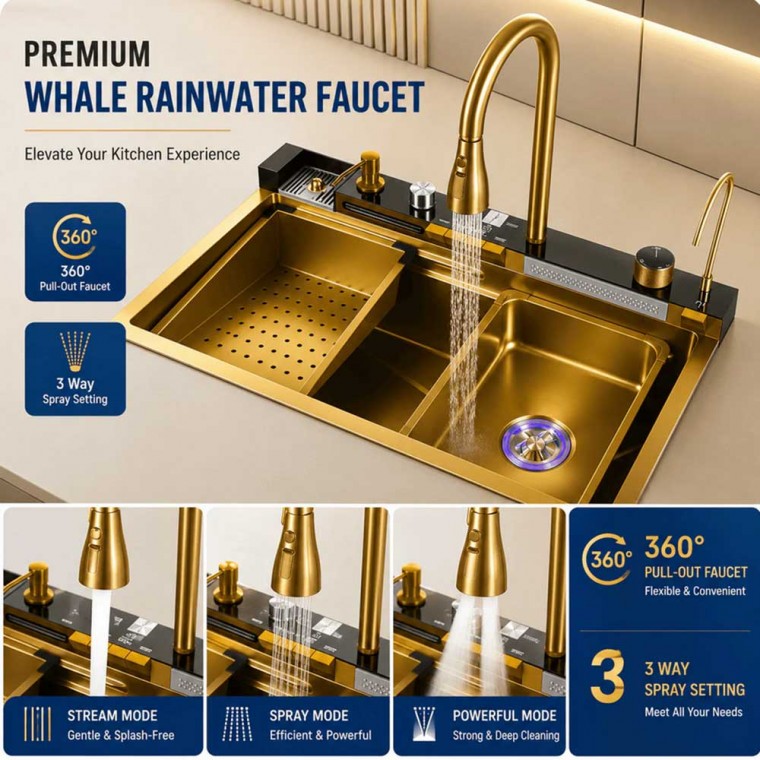 Luxury Digital Temperature Waterfall Workstation Kitchen Sink