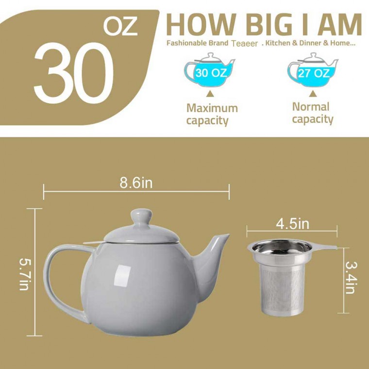 Porcelain Teapot With Removable Infuser Gray 800ml/27oz