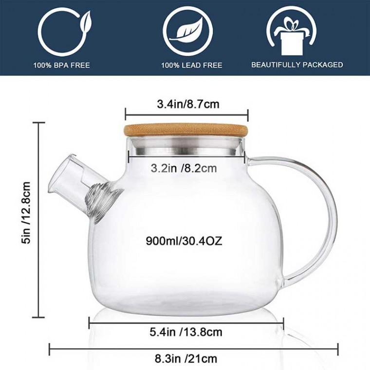 Glass Teapot Bamboo Lid 1000ml/34oz